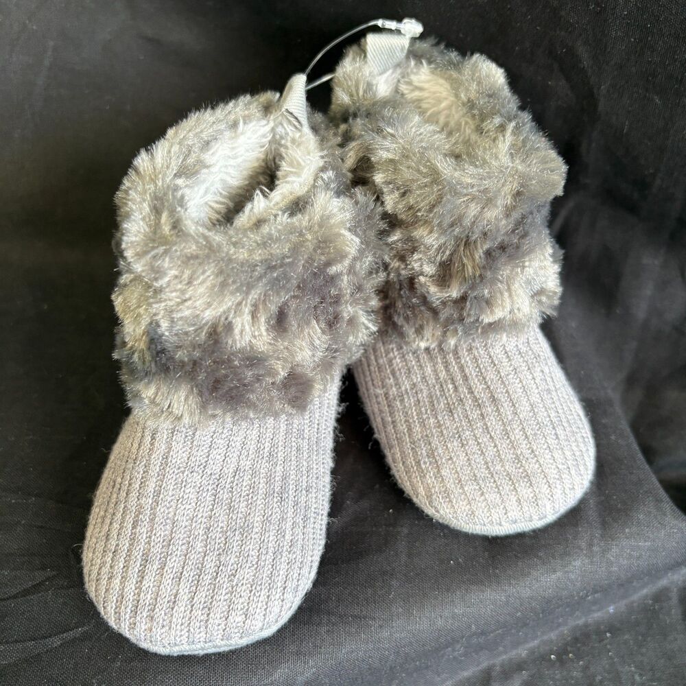 New Gray Faux Fur Baby Bootie Slippers Cozy Knit Plush Infant Shoes